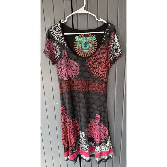 Desigual Womens Dress L Black Floral Mandala Viscose Blend Belted Fit Flare - Picture 2 of 11